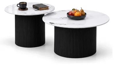 Produktbild von HOOZ® Couchtisch Keramik Marmoroptik rund 2er Set – zusammenschiebbar – Satztisch mit Trommel Gestell für Wohnzimmer klassisch Schwarz 80 & 60cm