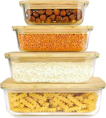 Produktbild von Unyqoos® Glas-Frischhaltedosen 4er-Set mit Bambusdeckel, Borosilikatglas, BPA-frei, stapelbar – 1520/1040/640/370 ml, -20–600 °C