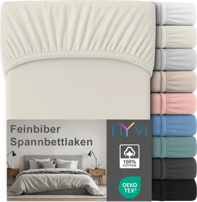 Produktbild von Feinbiber Spannbettlaken Deluxe für Matratzen bis 25 cm Steghöhe - Extra Warm & Weich, 100% Baumwolle, Bügelfrei, Vorgekrumpft, Farbe:Creme, Größe:180x200 cm