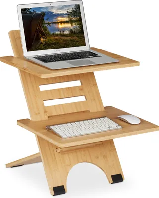 Immagine prodotto di Relaxdays: piano d'appoggio per scrivania in piedi, regolabile in altezza, 2 ripiani, bambù, piano d'appoggio per scrivania, lavoro in piedi, naturale