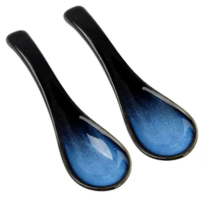 Produktbild von 2 Stück Set asiatische Suppenlöffel, Keramik, blaue Ramenlöffel aus Porzellan, chinesische Suppenlöffel mit Retro-Glasur für Ramen, Pho, Wonton, Miso, Eintöpfe