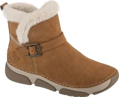 A single brown boot with white fur trim is shown against a white background.