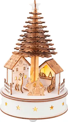 Produktbild von Lumineo Batterie LED Weihnachts-Szene Nostalgie Natur & Weiß großer Baum Bewegung & Musik Ø 15 cm Höhe 25 cm 5 LED -  warmweiß