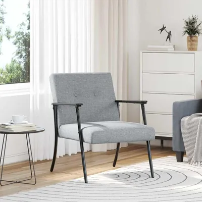Zdjęcie produktu dla Nowoczesne, tapicerowane fotele do salonu, obite tkaniną; ergonomiczne fotele do wypoczynku do sypialni; solidna stalowa konstrukcja; kolor: jasnoszary; wymiary: 59 x 75 x 78 cm