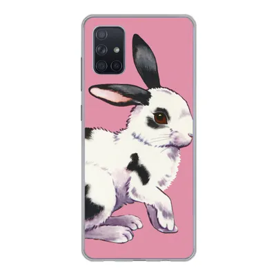 Produktbild von MuchoWow® Handyhülle Schutzhülle Hülle für Samsung Galaxy A71 Kaninchen mit rosa Hintergrund Silikon Softcase Handy Hülle - Kartenbesitzer