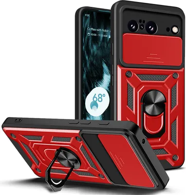 A red and black phone case with a ring holder is displayed from multiple angles against a white background. A phone is partially visible inside one of the cases.