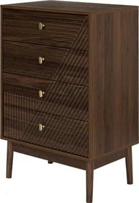 A dark wood dresser with gold handles and a unique diagonal striped pattern on the drawers, shown against a white background.