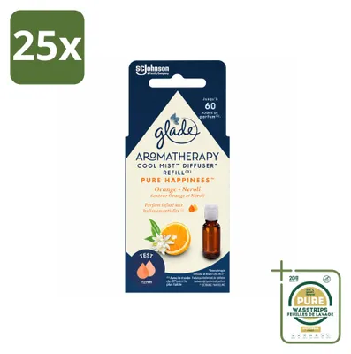 Imagen del producto de 25 unidades de recambio de aceite esencial Glade Aromatherapy "Pure Happiness", con aroma a naranja y neroli, de 17,4 ml. Pack ahorro