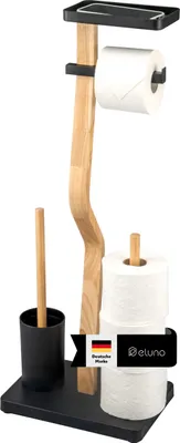 Produktbild von eluno Stand WC-Garnitur 4in1, WC-Bürste, Rollenhalter, Ablage ausem Holz und schwarzem Metall