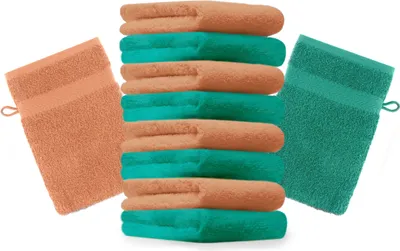 Produktbild von Betz 10 Stück Waschhandschuhe 16x21 cm PREMIUM 100% Baumwolle Farbe: smaragdgrün und orange