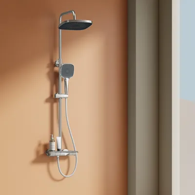 Obrázek produktu pro Sprchový systém EMKE s termostatem, dešťová sprchová hlavice 36x24 mm, ruční sprcha se 3 intenzitami proudu dešťová sprcha se skleněnou poličkou, vanové a sprchové armatury, KTW, chrom