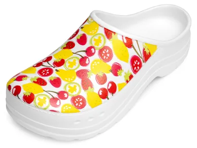 Produktbild von Gartenclogs für Damen Ultraleicht EVA Gemustert Gartenschuhe LA-CA-ComoHappyWoman (Weiß/Fruchtmotiv1, 37)