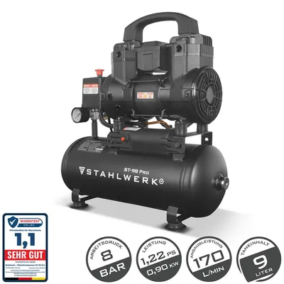 Produktbild von STAHLWERK Kompressor mit 9 L Tank (ST-98 Pro) – ölfrei & leise, 8 bar, Silent-Druckluftkompressor mit Brushless-Motoren, 1,22 PS, 0,90 kW, 170 l/min