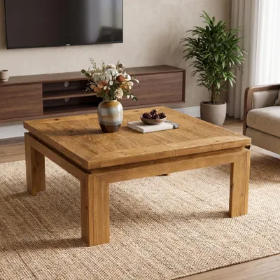 Image de Tribesigns, table basse en bois massif, 100x100 cm, table carrée pour salon, en bois avec design de bordure encastrée, montage facile, idéale pour le salon, couleur marron naturel