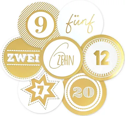 Produktbild von 24 Adventskalenderzahlen XL Aufkleber gold, Durchmesser 6 cm / Sticker, Weihnachten, Adventskalender, DIY Kalender