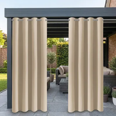 Produktbild von 2 Stück Außen Vorhang Wetterfest Blickdicht Outdoorvorhänge Sonnenschutz Wasserdicht Gardinen Ösenschal für Terrasse Balkon Hof, B132xH274cm, Beige
