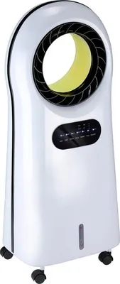 A white air cooler with a black and yellow fan grille and a control panel.