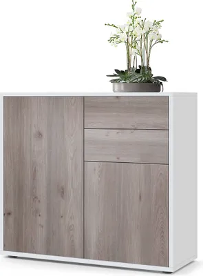 Produktbild von Vladon Sideboard Ben,  Germany, Kommode mit 2 Türen und 2 Schubladen, Weiß matt/Eiche Nordic (79 x 74 x 36 cm)