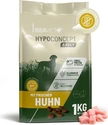Produktbild von REAVET HYPOCONCEPT Hundetrockenfutter Huhn 1kg – Single-Protein mit Frischfleisch | Weizenfrei & ohne Zucker | Trockenfutter Adult für alle Hunde & Rassen, auch für sensible Hunde & allergikerfreundlich