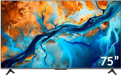A modern flat-screen television displaying a colorful abstract image, with its stand visible.