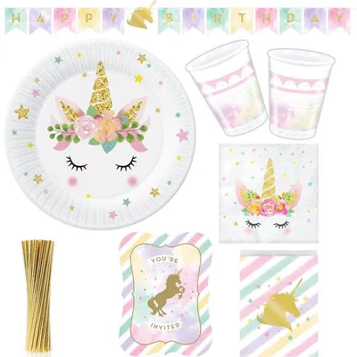 Produktbild von Einhorn Geburtstagsdeko Partyset gold pastell Kindergeburtstag Party Deko
