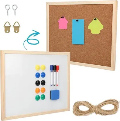 Zdjęcie produktu dla Tablica suchościeralna i tablica kredowa w jednym – 42 x 32,5 cm – z pisakami, pinezkami, magnesami i gumką do ścierania – dwustronna – do biura, domu i szkoły.