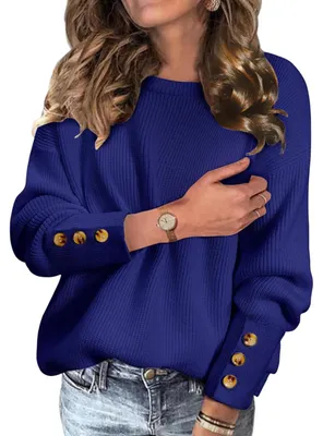 Productafbeelding van Damespullover met ronde hals, met knoopjes, zacht, warm, elegant, blauw, maat S