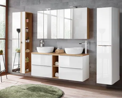 Produktbild von Badmöbel Set mit Doppel-Waschtisch inkl. 2 Keramik-Becken TOSKANA-56 Hochglanz weiß/Wotaneiche B/HT ca. 260/200/46 cm