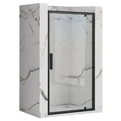 A shower door with a black frame and clear glass, set against a marble-patterned wall.