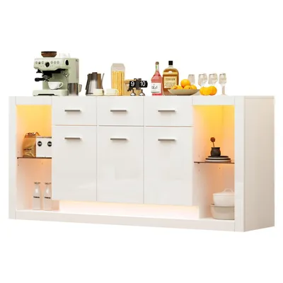 Produktbild von Beistellschrank,Wohnzimmerschrank mit LED-Lichtleiste und 3 Schubladen,Hochglanz-sideboard,Anrichte mit 14 Ablagefächern,Boden aus gehärtetem Glas