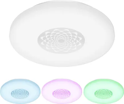 A ceiling light with a decorative pattern in the center, shown in white and then with blue, pink, and green lighting effects.