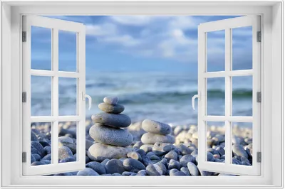 Produktbild von Wallario Wandbild mit Fenster-Illusion: Steinstapel am Strand, Größe: 61 x 91,5 cm, Poster mit weißem Aluminiumrahmen