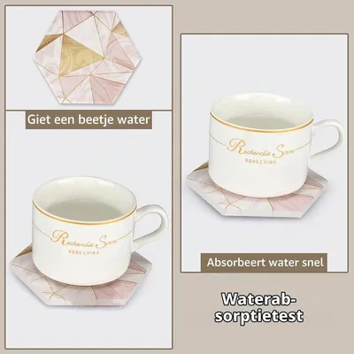 Productafbeelding van Onderzetter onderzetters - Roze marmer - Set van 6 - Met houder - Antislip kurk