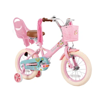 Image de STITCH : Vélo pour enfant de 14 pouces, idéal pour les filles de 2 à 7 ans, cadeau pour une princesse. Équipé d'un siège pour poupée, de rubans, de stabilisateurs, d'un panier, et de couleur rose