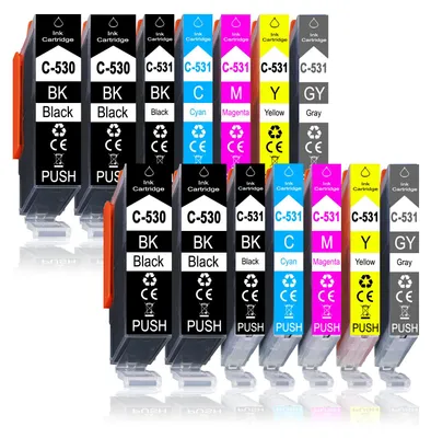 A collection of printer ink cartridges arranged in two rows.