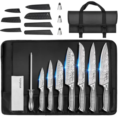 Produktbild von Küchenmesser Set 12-teilig mit Tasche & Wetzstahl | Edelstahl | Kochmesser, Santoku, Brotmesser, Schnitzmesser, Allzweckmesser, Fruchtmesser | inkl. Messerschutz & Fingerschutz