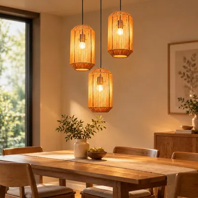 Zdjęcie produktu dla ZMH Lampa wisząca rattan Boho 3 punktowa lampa stołowa regulowana wysokość oprawka E27 lina papierowa do jadalni sypialni