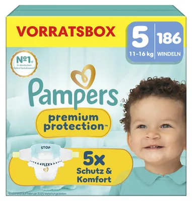 Produktbild von Pampers Premium Protection Größe 5, 186 Windeln, 11kg-16kg – Größe Size5_PPTVorratsbox, Premium Protection Taped MSB/Vorratsbox