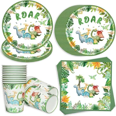 Imagen del producto de Juego de vajilla de papel con temática de dinosaurios, ideal para fiestas infantiles: 20 platos de 18 cm, 20 vasos, 20 servilletas