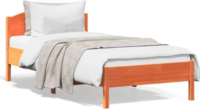 Produktbild von Design Massivholzbett mit Kopfteil Wachsbraun 90x200 cm Kiefer, Klassische Betten 2024 Neu