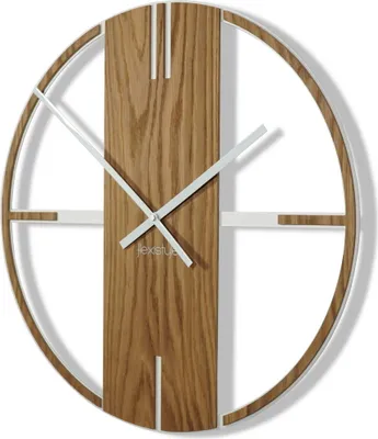 A modern wall clock with a wooden face and white hands, displayed against a white background.