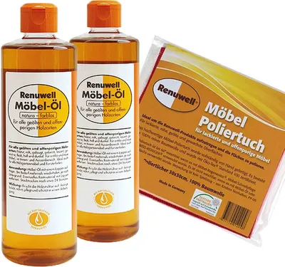 Produktbild von Renuwell Möbel-Öl 2 × 500 ml - Möbel Poliertuch 4 Stück Spar-Set
