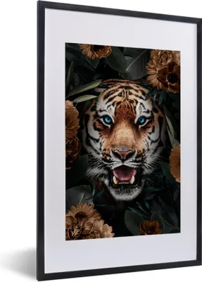 Produktbild von MuchoWow® MuchoWow® Gerahmtes Poster Tiger - Blumen - Braun 40x60 cm - Poster mit zchwarzem Bilderrahmen - Poster in Rahmen