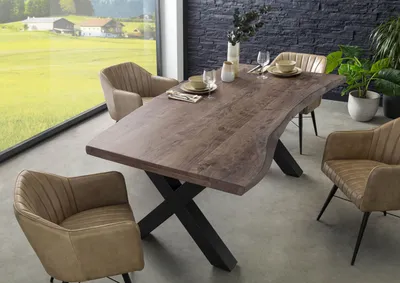 Produktbild von MASSIVMOEBEL24 Baumtisch Akazie 180x90x77 grau lackiert / X-Beine anthrazit matt FREEFORM 5