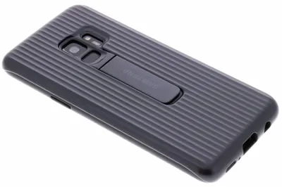 A black Samsung phone case with a ribbed texture and a built-in kickstand is shown against a white background.