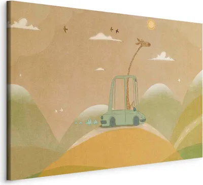 Produktbild von Vliesstoff Leinwandbild - Dreamy Traveler - A Cheerful Giraffe Driving a Car on a Sunny Day 120x80 cm Für Kinder e-A-10139-b-a