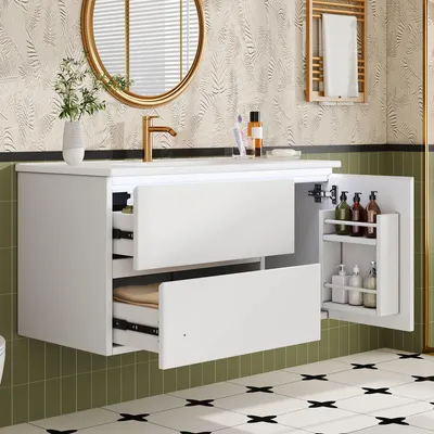 Image de Meuble sous-vasque de 91,5 x 46,5 x 50,5 cm, suspendu, avec capteur radar LED, 2 tiroirs, vasque en céramique