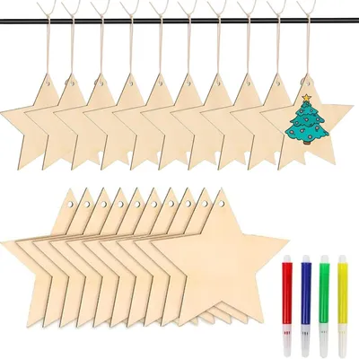 Immagine prodotto di set di 36 decorazioni per l'albero di Natale stelle in legno pittura artigianale corda di iuta pennarelli