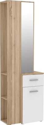 Produktbild von freiraum Kompaktgarderobe Lokri I, Sonoma-Eiche Nachbildung / Weiß / Alu Look, B 64,2 x H 196 x T 34,1 cm, aus Spanplatte, Spiegelglas, Kunststoff, mit 1 Holztür, 1 Schubkasten, 1 Einlegeboden, 3 offenen Fächern, 3 Garderobenhaken und 1 Kleiderstange