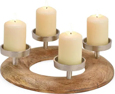 Produktbild von Holz Adventskranz rund mit Deko Metall Kerzen-Halter natur Ø 30 cm